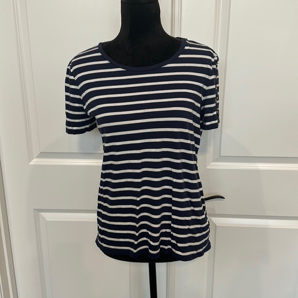 MICHAEL Michael Kors Nautical Navy and White Stripped Top with Brass Hooks